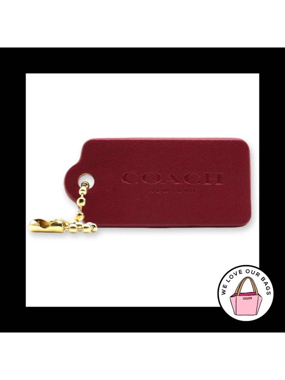 COACH NEW YORK Hang Tag 1.75" Dark Pink Brass Key Fob Bag Charm Keychain Leather